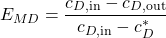 \begin{equation*} E_{MD}=\frac{c_{D,\rm in}-c_{D,\rm out}}{c_{D,\rm in}-c^*_D} \end{equation*}