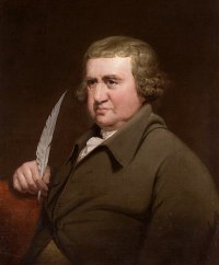 Painting of a man with shoulder-length light brown hair wearing an eighteenth dentury brown coat and cravat and holding a quill pen.