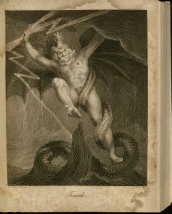 Black and white engraving of a nude man's body with a face like a man's but a mouth and main like a lion. Entwined around one leg is a dragon's tail, while the head rests on top of the man's head, and the wings spread out behind the man's arms. One arm holds onto a fork of lightning. The entire form floats above ocean waves.