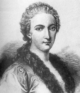 Black and white engraved head-and-shoulders portrait of a woman with hair pulled back from her face and wearing a dress with a furred or feathered collar.
