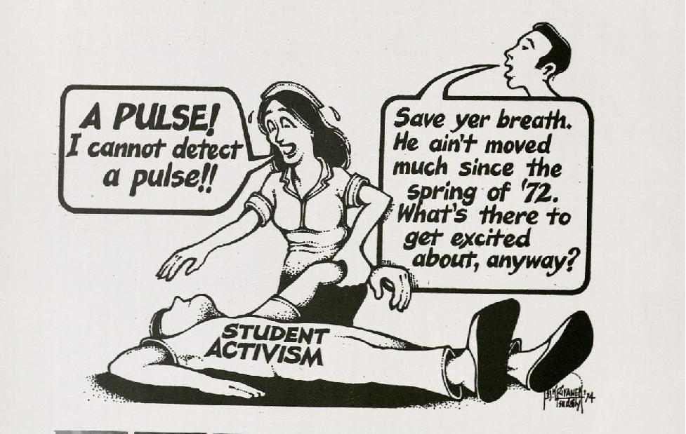 Cartoon on student activism (or lack thereof). The Bomb 1975, pg. 504.