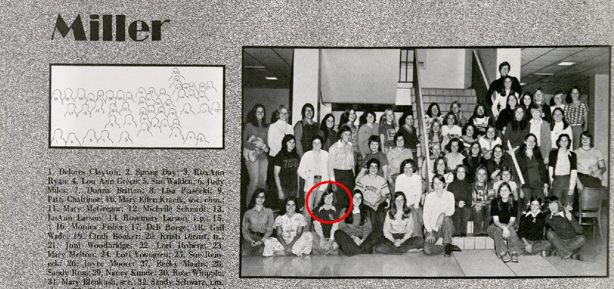 Image of Roxanne Ryan with members of her residence hall, Miller. Image from the Bomb 1975, page 308.
