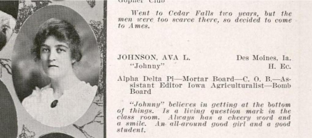Photograph of Ava Johnson from page 76 in the Bomb yearbook from the year 1916.