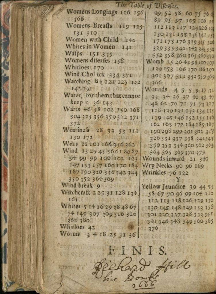 Single page of book shows index with owner's inscription at bottom of page.