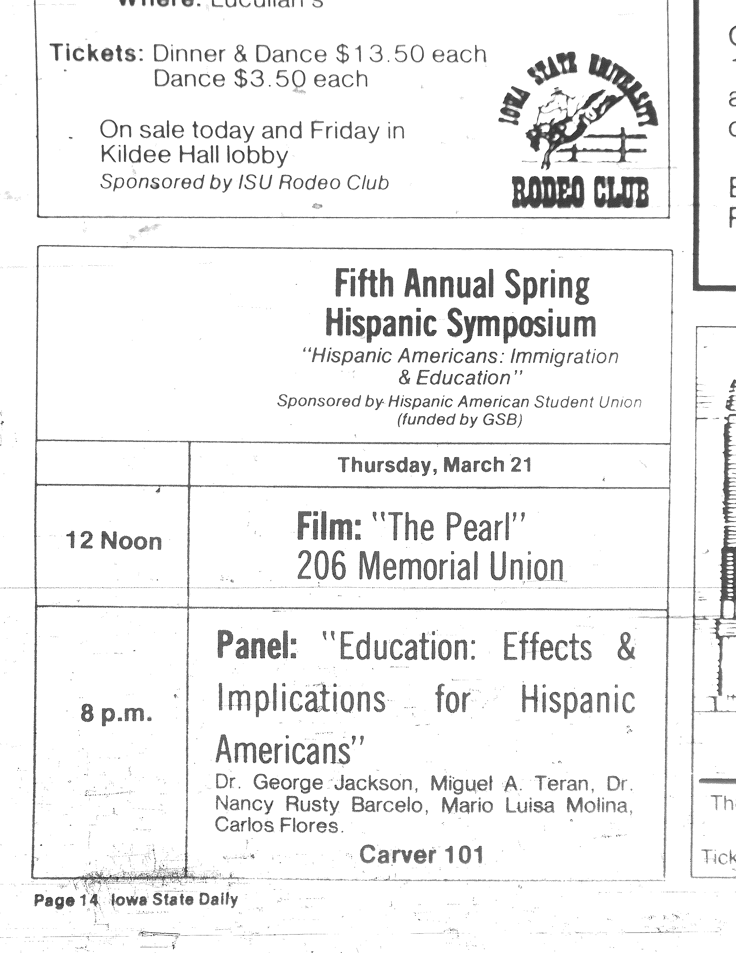 Advertisement for the "Fifth Annual Spring Hispanic Symposium," Iowa State Daily, March 21, 1985, page 14