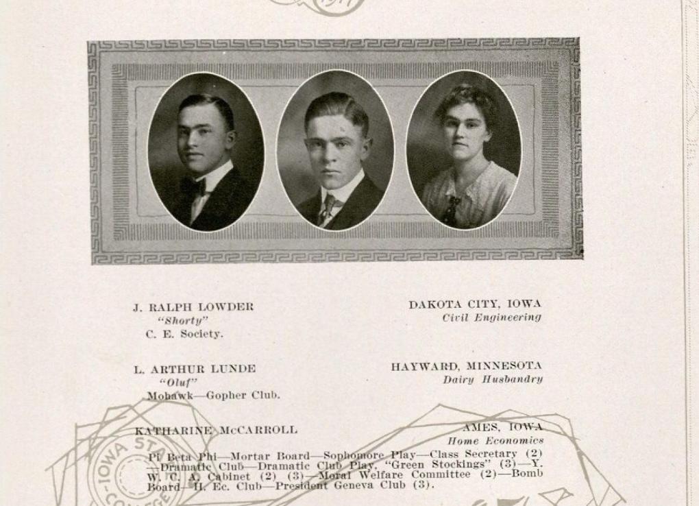Senior portrait of Katherine McCarrell. McCarrell is on the far right. 1917 Bomb, p. 110. Katharine’s name has been spelled Katherine when mentioned elsewhere.