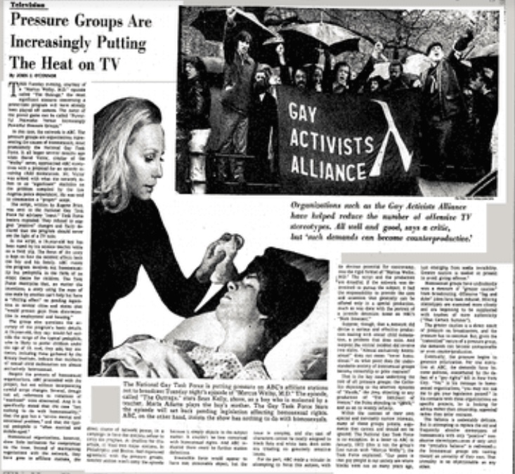 Blurry screenshot of an article from the New York Times, October 6, 1974, page 19. To read a clearer digitized copy of this article, visit the following URL: https://www.nytimes.com/1974/10/06/archives/pressure-groups-are-increasingly-putting-the-heat-on-tv-television.html
