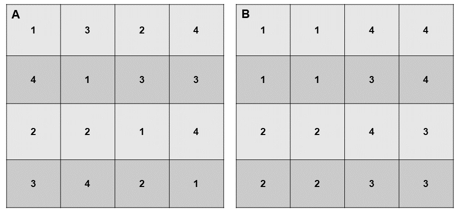 Two different arrangements of four treatments replicated four times in assuming independence of experimental treatments.