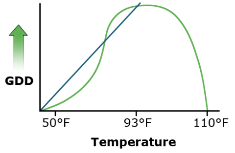 A graph of corn plant growth (increases) represented by GDD in response to increasing temperature.