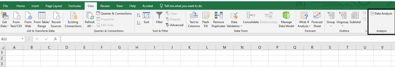 Excel worksheet Ribbon showing Data Analysis tab for accessing data analysis features.