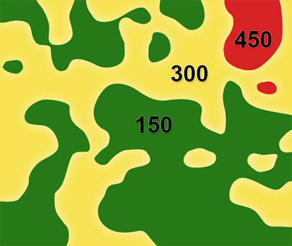 A field showing patches/plots with low (green), medium (yellow), and high (red) potassium levels.