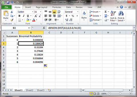 Excel table with a column for successes and a column for binomial probability