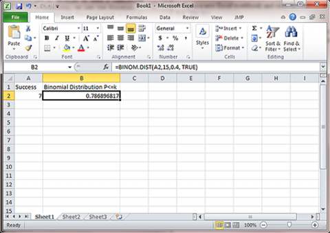 Excel workbook with the number of successes entered as 7