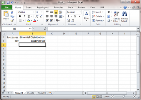 Excel file with Successes at 372 and binomial distribution 0.047992352