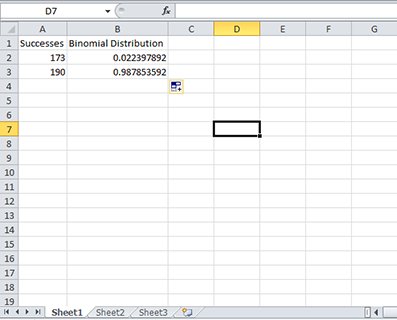 Excel file with two columns: Successes and Binomial Distribution.