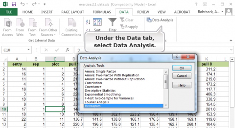 Image of how to use the Data tab to navigate to Data Analysis to reveal features and select Histogram.