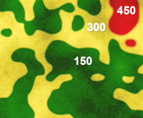 Image of a field showing patches/plots with low (green), medium (yellow), and high (red) potassium levels.