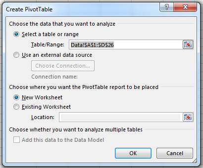 Fig. 1 Selection options for creating a Pivot Table