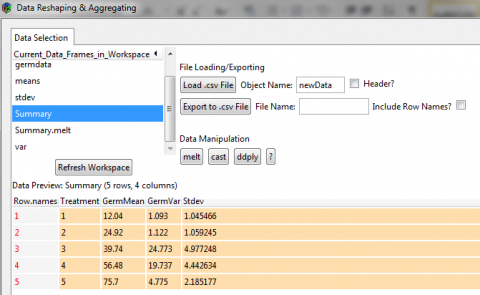 Data selection window for reshaping analysis results.