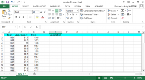 A spreadsheet of average maximum temperature and precipitation for the month of July in many years.