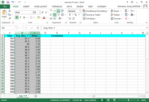 A spreadsheet of average maximum temperature and precipitation data columns selected.