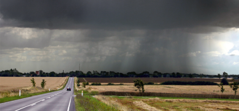 Dark rain clouds and rain falling on crop fields.