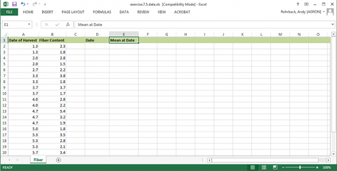 A spreadsheet of harvest date and corresponding fiber yield.