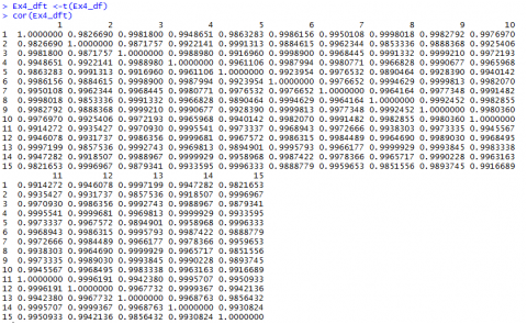 R output of correlations between objects.