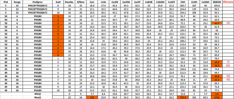 A spreadsheet of data with inconsistent data cells highlighted orange to be removed from the data set before analysis.