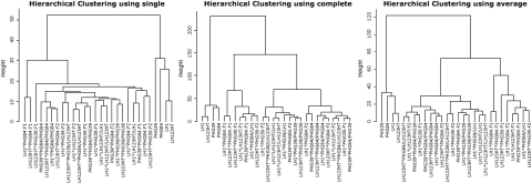 Charts showing three dendrograms generated by the single, complete and average agglomeration methods cluster objects differently.