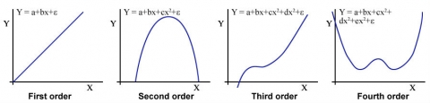 Image shows from left to right, first order polynomial (straight 45 degrees line between the Y- and X- axes), second order (inverted U-shaped curve), third order (skewed S-shaped curve), and fourth order (parabolic curve with two inflection points) polynomial.