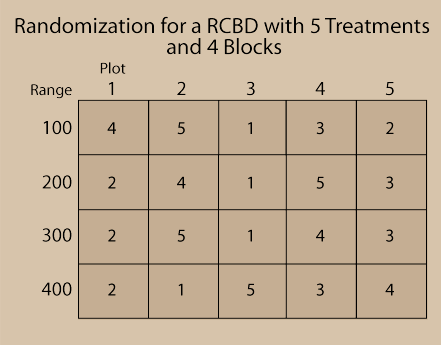 A range-plot arrangement of five treatments in a four block RCBD with all treatments appearing once in each block.