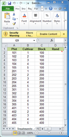 A spreadsheet showing assignment of cultivars to plots so that each occurs once in each block.