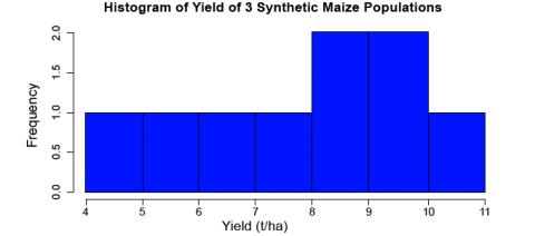 Fig. 2 Histogram of yield of thre3e synthetic maize populations