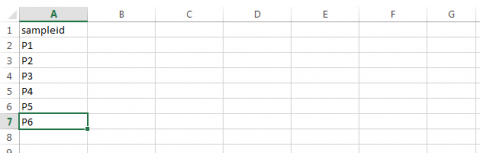 Spreadsheet with sampleid designators P1, P2, ..., P6 in column A