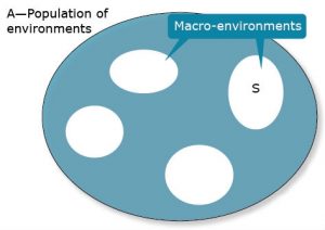 Ovals illustrating macro-environments as targeted sets (white ovals) inside blue oval representing a population of environments.