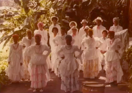 Un grupo de niños vestidos con trajes de Bomba.