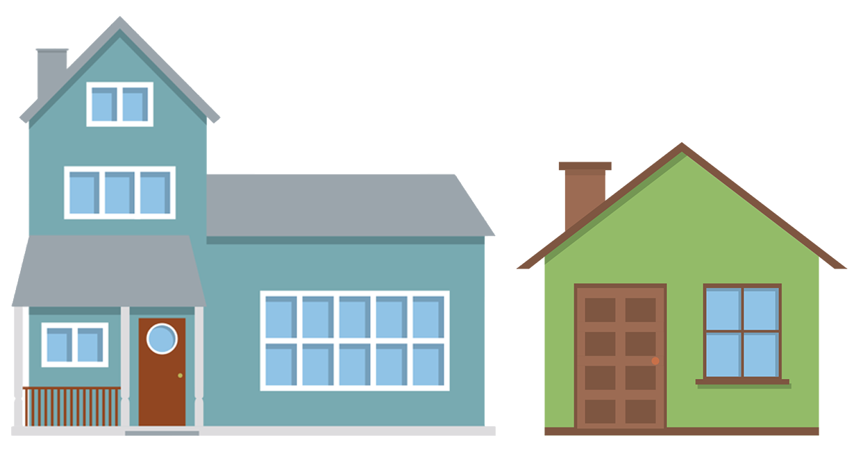 Two houses, the first is blue with a porch, two floors, and several windows, and the second is green with one door, window, and chimney.