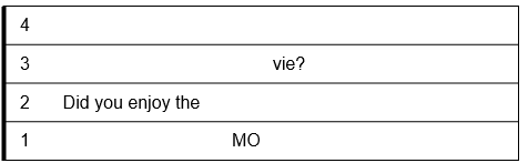 The sentence is in musical bars. The first syllable in "movie" is lower, with the last syllable raised to indicate a question.