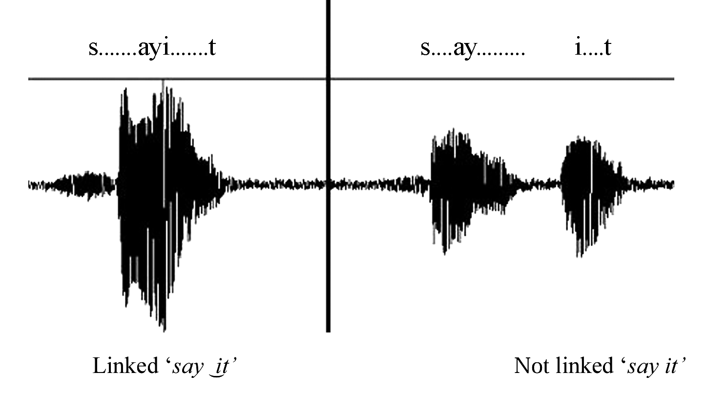 A waveform of the linked phrase "say-it" and the unlinked phrase "say, it."