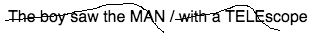 Audio transcript: The boy saw the man / with a telescope. The first syllable in "telescope" has more prominence in this version.