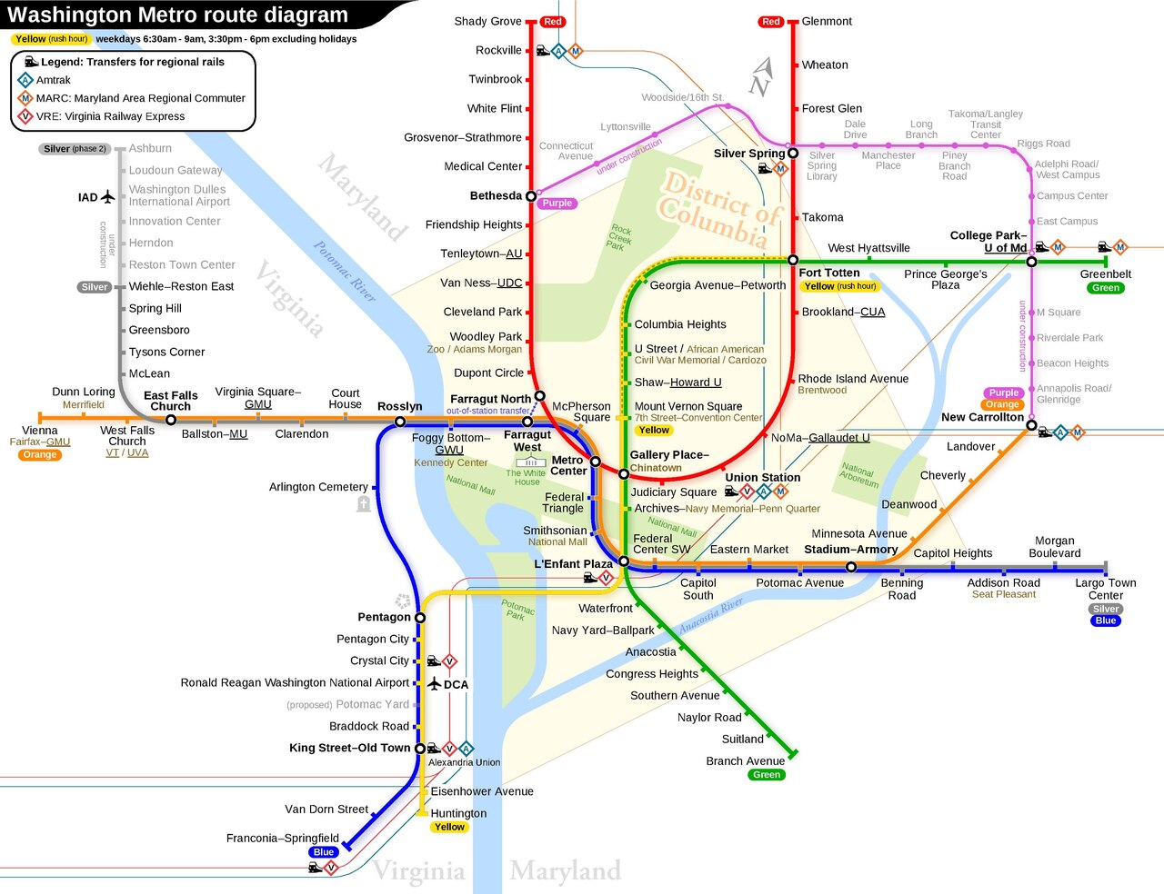 A map of the Washington transit system, with different colored lines helping to differentiate the routes.