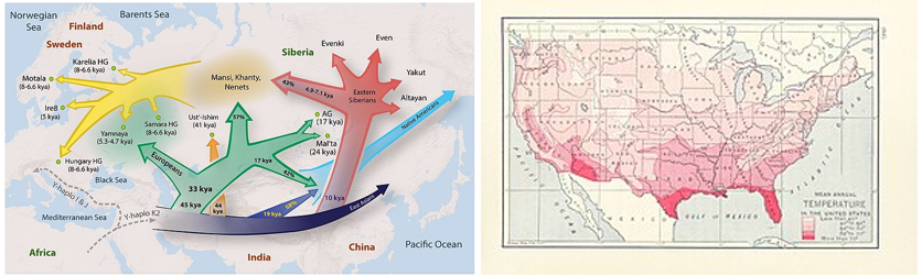 Two maps showing the difference between human and physical geography. The First shows the Eurasian expansion. And the second map includes a temperature map from the continental USA showing the higher temperatures in the south compared to the northern region.