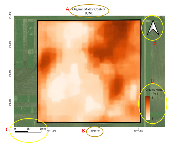 Items on a map: A) Title: provide a brief description of what the reader is seeing; B) Reference point and coordinates: allow the reader to situate the map on the Earth’s surface; C) Scale: indicates the proportion of area that the map units will represent compares to the real world; and D) Legend: provide background information about what the map is representing and how the symbology or colors are represented.
