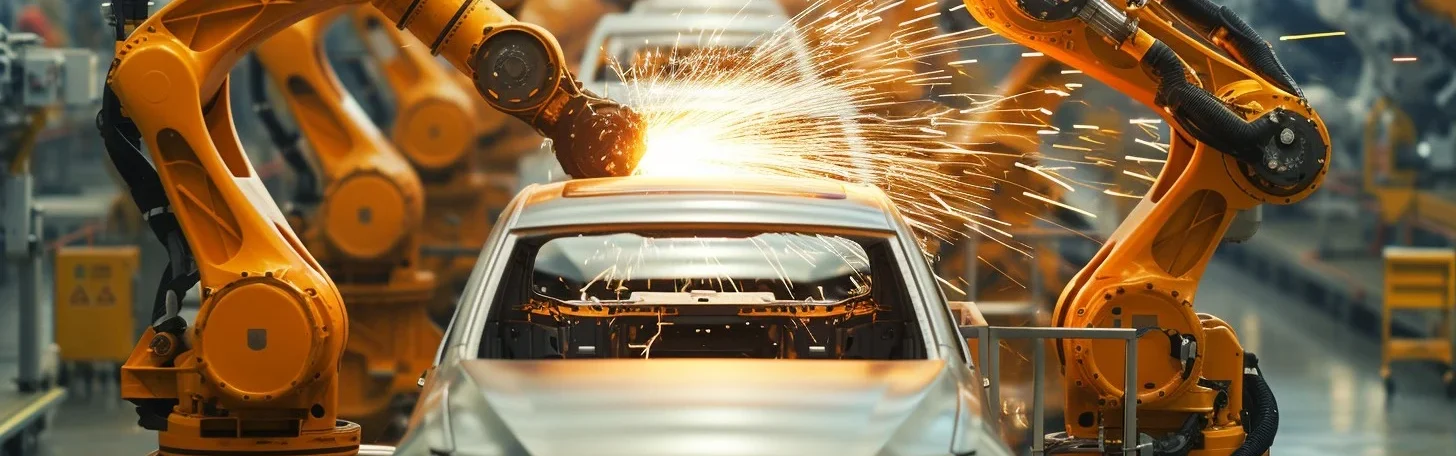 Cars on a robotic assembly line.