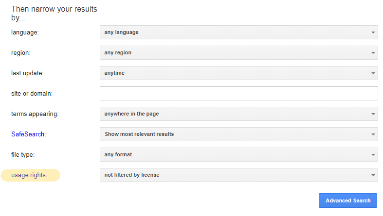 Screenshot of Google Advanced Search interface with "usage rights" highlighted to help a search filter for openly licensed materials.