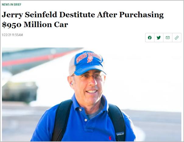 Headline claiming that Jerry Seinfeld paid almost one billion dollars for a car