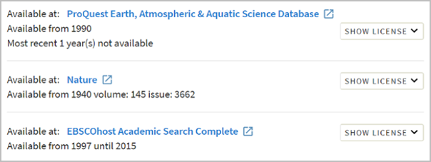 From Quick Search’s access options section of an item record. There are 3 places where this resource can be found, but each has different years the publication is covered. One has everything between 1990 and now except for the most recent year, another the resource from 1940-present, the last has it from 1997-2015.