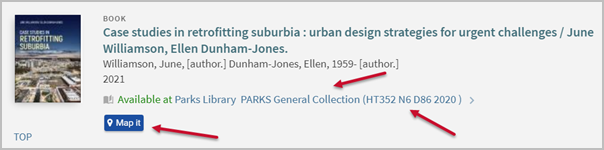 One of the items from a search in Quick Search. Arrows point to the item’s collection, call number, and the Map it button"