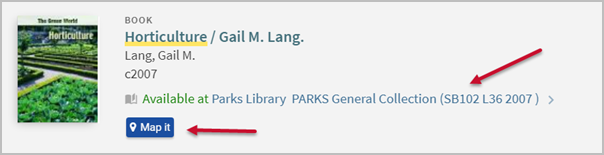 One of the items from a search in Quick Search. Arrows point to the item’s call number and the Map it button